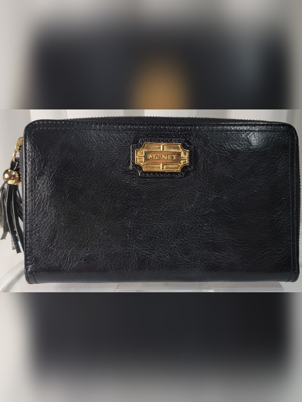 MONET Handbag Black leather Gold Metal Large Zip Around .